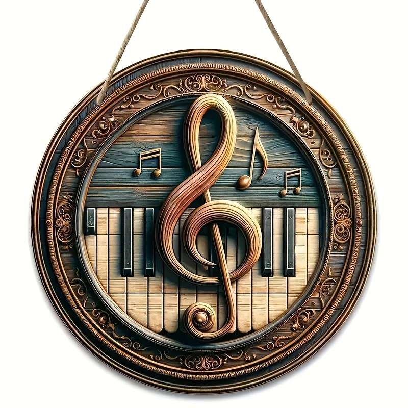 1pc  Vintage-Inspired Round Music Wall Decor Treble Clef Piano Keys Design in Wood Ideal fo
