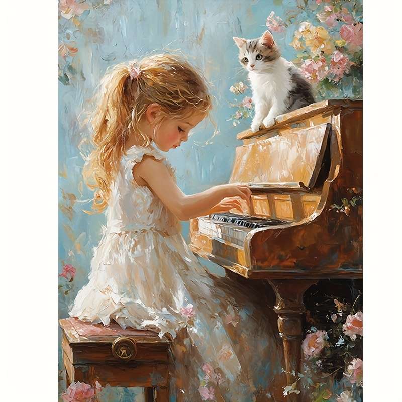 1pc  Oil on Canvas Frameless 30.48X40.64 cm Little Girl Playing The Piano Home Decoration