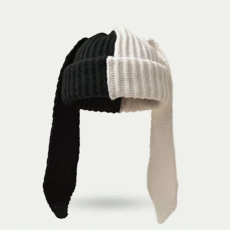 1pc Perfect Breathable Rabbit Ear Beanie Chic Colorblock Knit Rabbit Ear Beanie for Women Stret