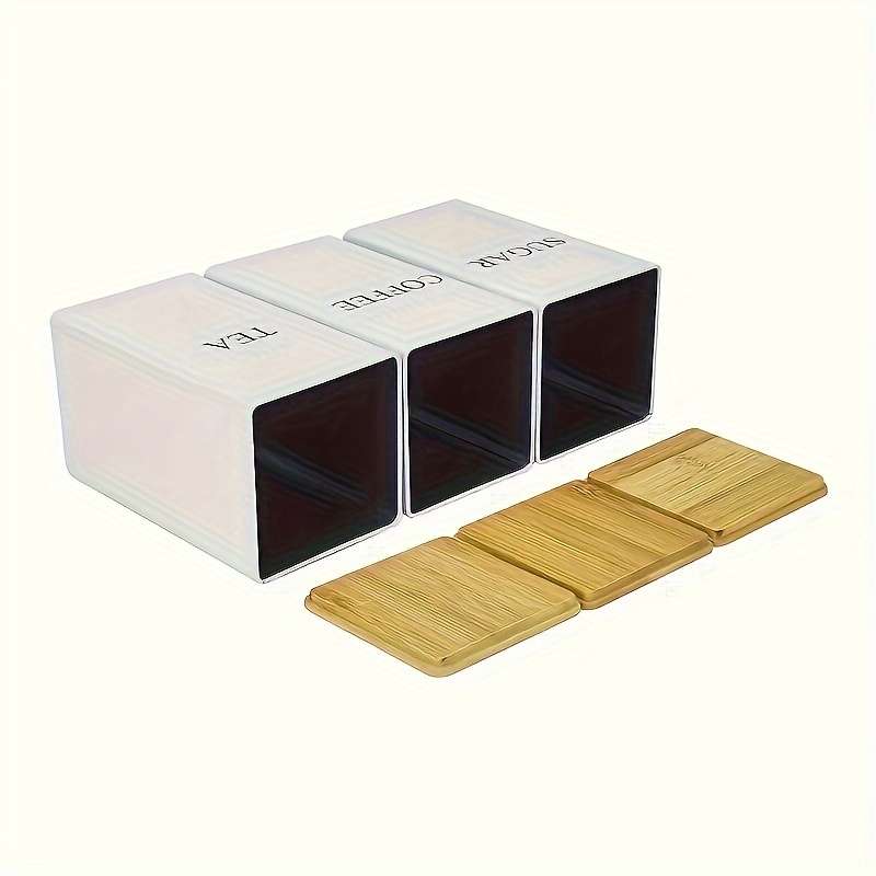 LDQ Set of 3 Iron Kitchen Canisters with Wooden Lids Washable Uncharged Engraved Label Stor