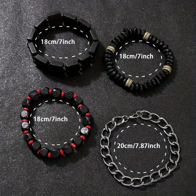 5pcs set Men's Fashion Red Black Quartz PU Leather Watch And Bead Bracelet Set Gift For Him