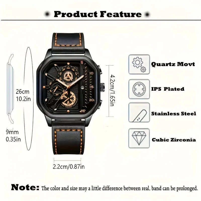 1pc Men'S Vintage Sports Chronograph Watch Large Square Dial Faux Leather Strap Quartz Movement Cale