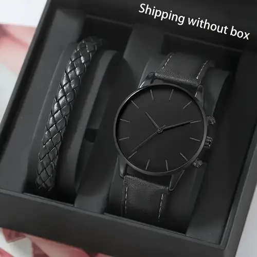 2pcs set Men's Simple Black Quartz Watch Bracelet Set Color sent randomly