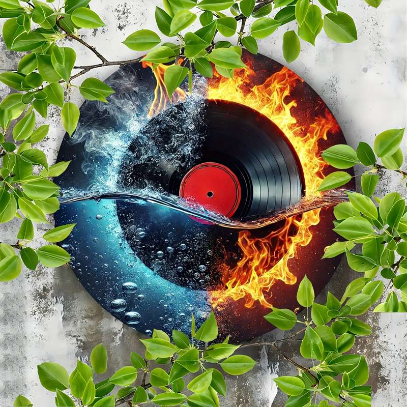 1pc 20cm Fire and Water Vinyl Record Themed Metal Sign Art Set Durable Iron Retro Music Wall Deco