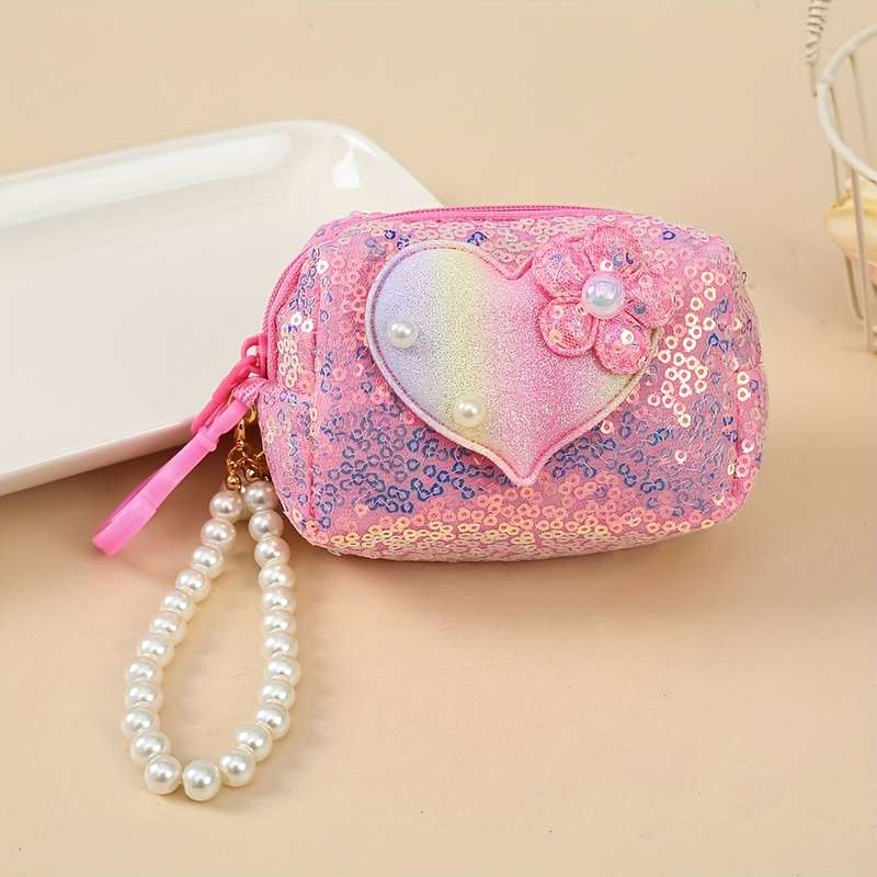 1pc Elegant Heart-Shaped Sequin Coin Purse with Pearl Accent C Vibrant Glitter Design Compact