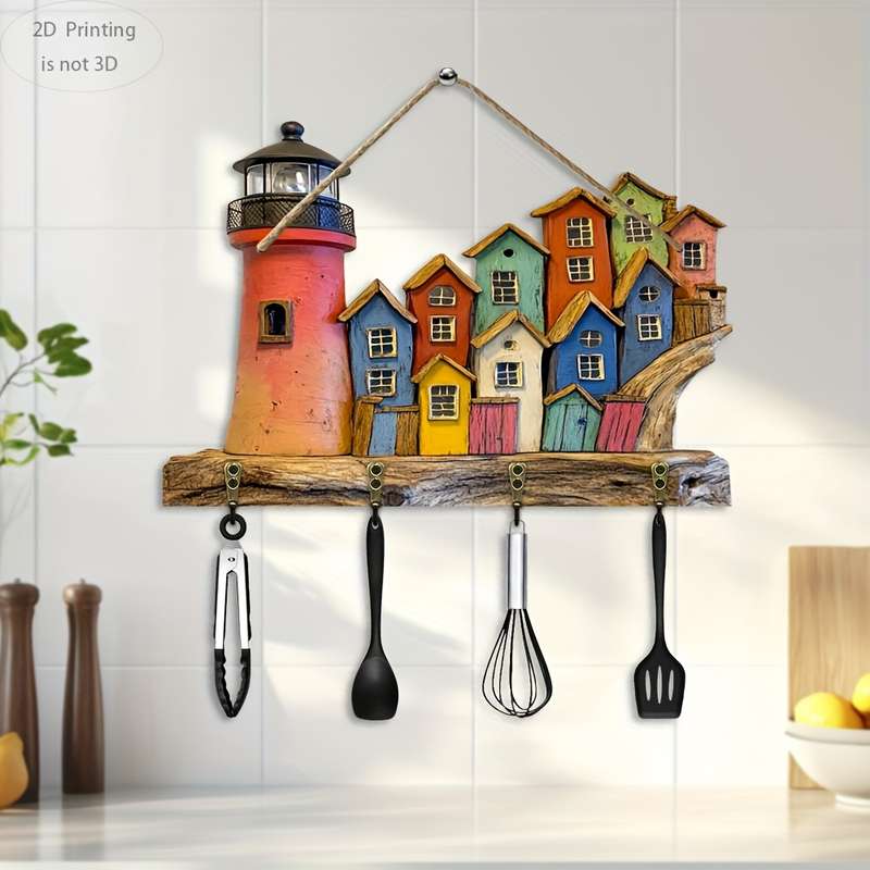 2D Flat 2D flat 1pc seaside cottage and lighthousewooden multi-function home key hanger (29.97c