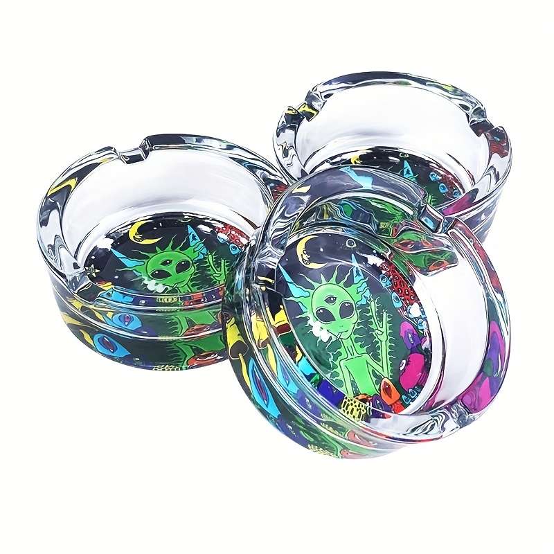 1pc Whimsical Alien Mushroom Design Glass Ashtray Round Colorful Cartoon Pattern for Home Deco