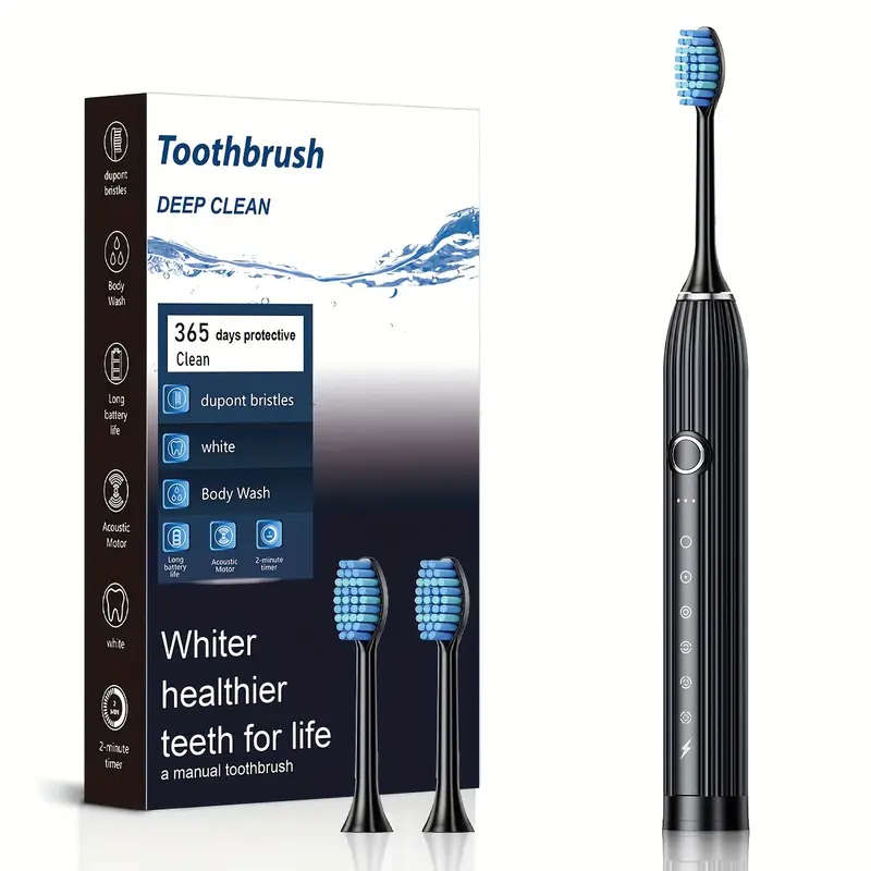 Rechargeable Ultrasonic Electric Toothbrush with 2 Brush Heads - Black