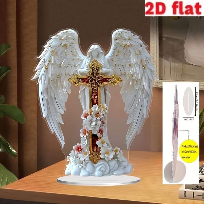 1pc 2D Flat  Acrylic Angel and Cross Centerpiece Decoration with Floral Decoration Suitable for P