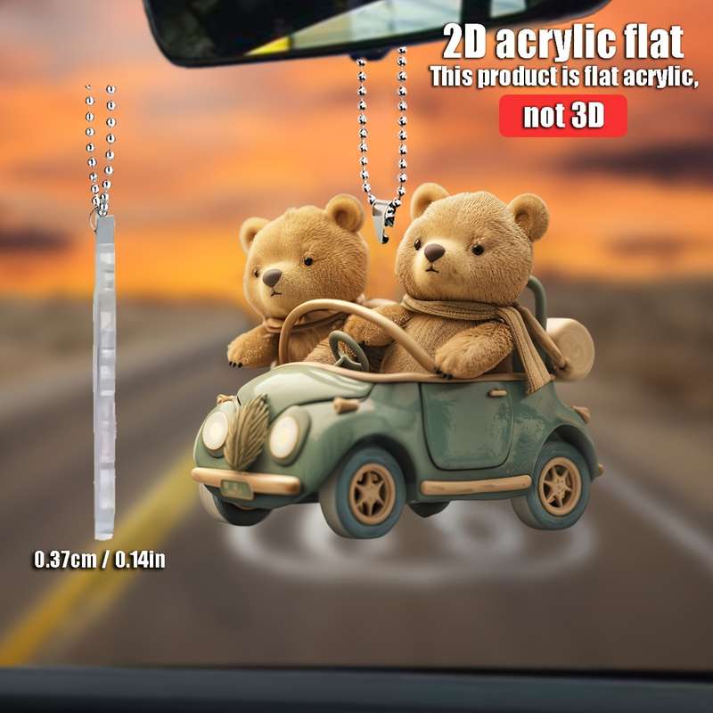 1pc 2D Flat   Cute Bear Car Hanging Accessory  Acrylic Rearview Mirror Decor Vintage G