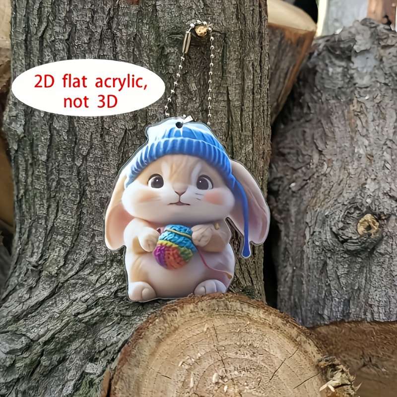 1pc 2D Flat  Adorable Acrylic Bunny Keychain  Design Cute Rabbit with Knit Hat Colorful Yarn