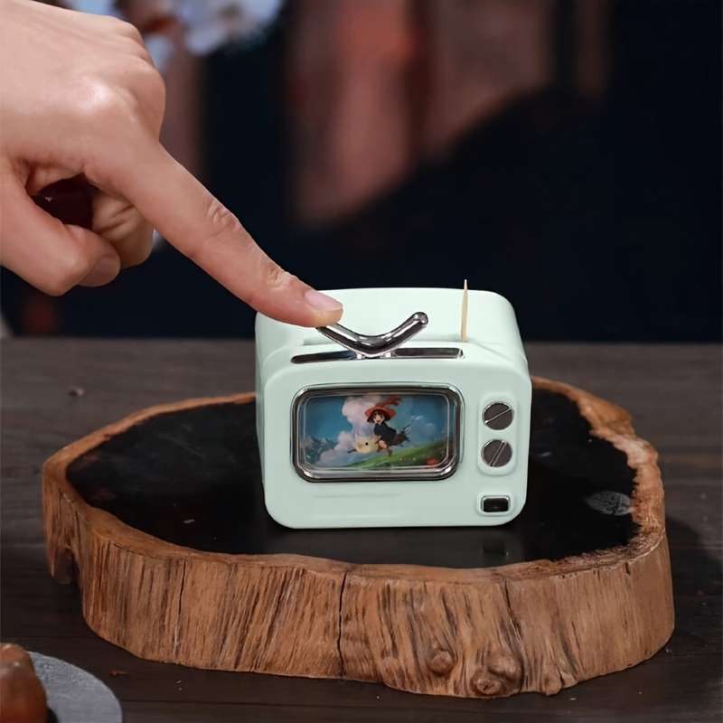 1-Pack Retro TV Design Automatic Pop-Up Toothpick Dispenser Push-Type Portable Plastic Holder