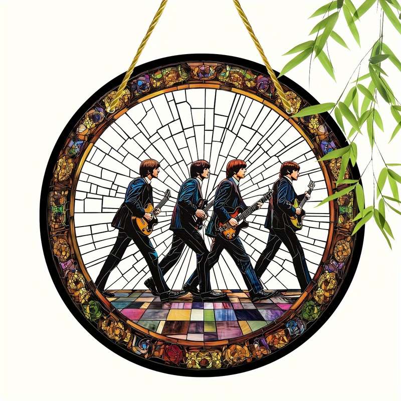 1pc 2D Flat 20.32cm Round Acrylic Sun Catcher with Stained Glass Style Iconic Beatles Design Vi