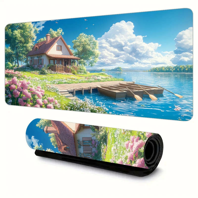 1pc 30x80cm Pastoral Lake Cottage Scenery Mouse Pad Rubber Non-Slip Washable Mouse Pad