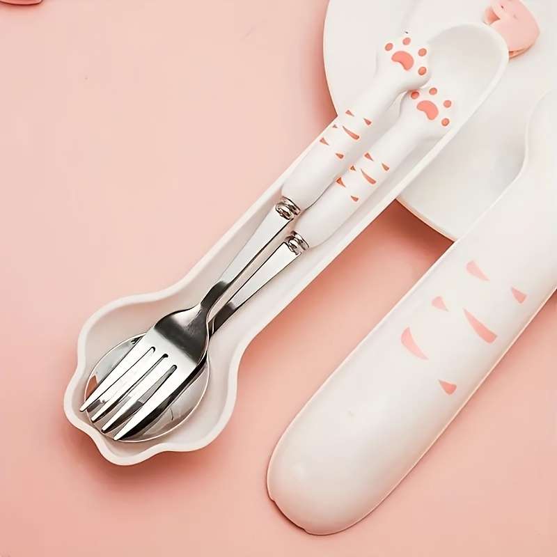 1pc Cat Claw Design Stainless Steel Cutlery Setm Cute Cat's Paw Cutlery Set with Storage Box