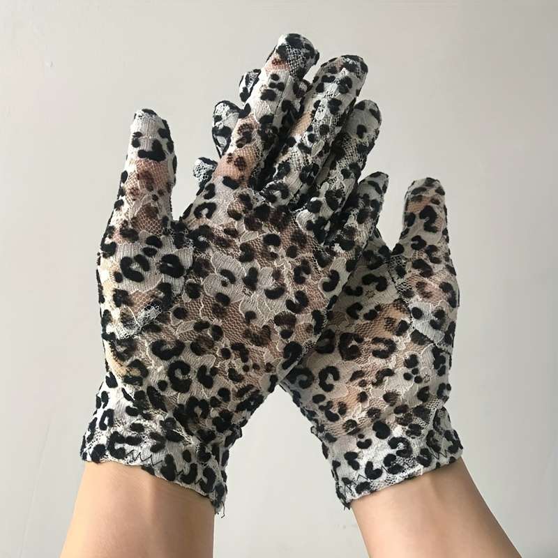 5 Pairs Black And White Leopard Print Lace Gloves