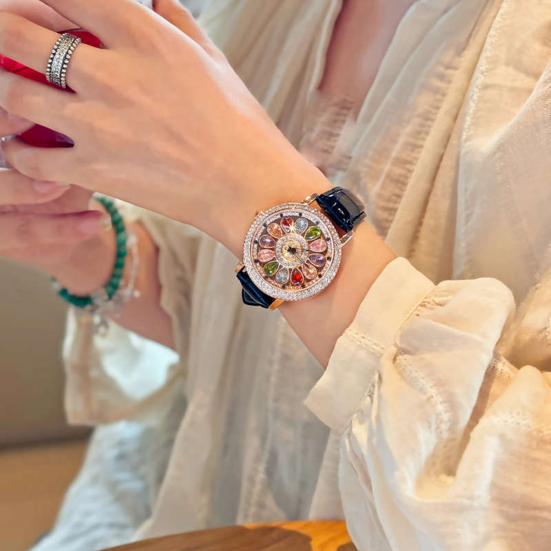 1pc Fashionable Quartz Wrist Watch for Women with Colorful Rhinestone Embellishments Rotating Dial A