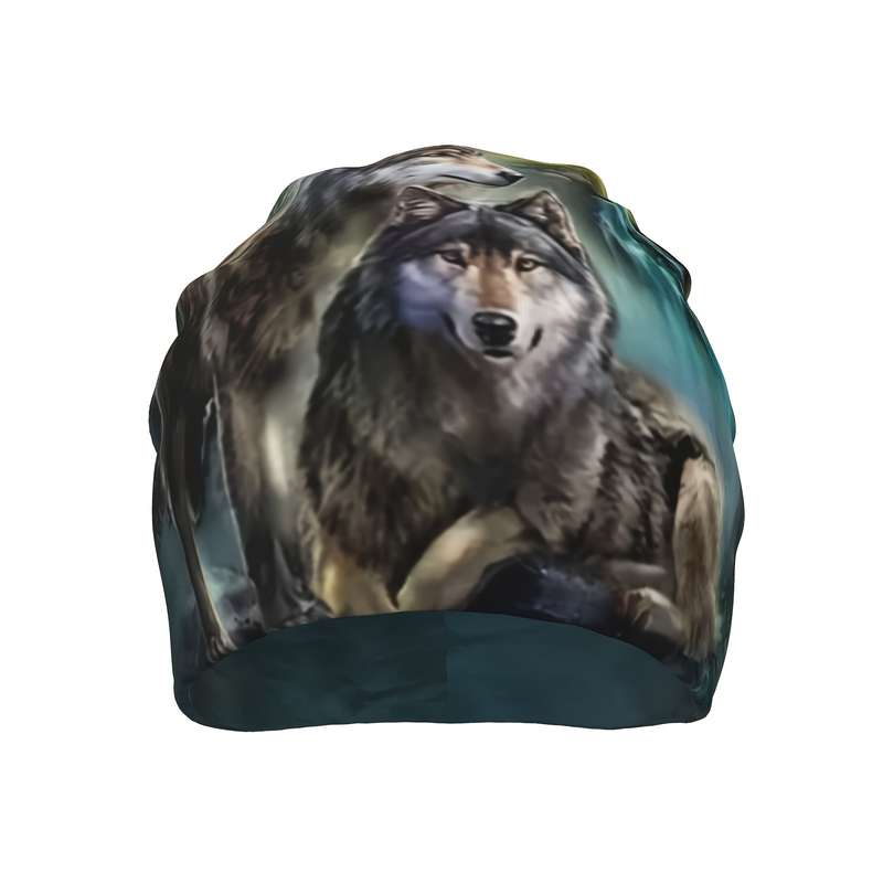 1pc Wolf Print Brimless Skull Cap Polyester Spandex Blend Funky Style Soft Knit Fabric wit