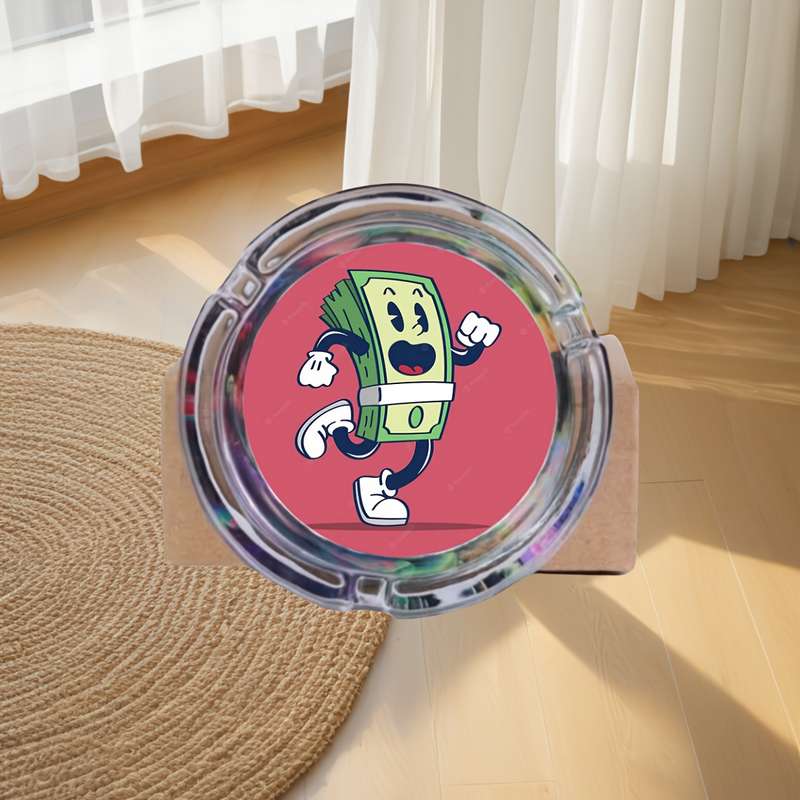 1pc Round Glass Ashtray with Cartoon Dollar Design Colorful Playful Money Illustration Perf
