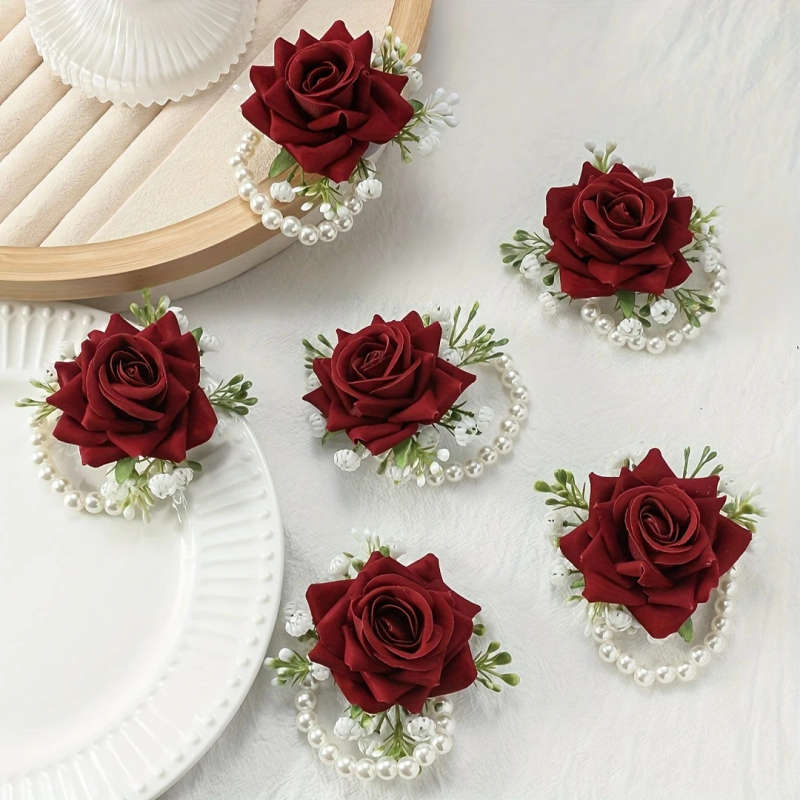 Random Colors 6pcs Elegant Red Rose Wrist Flowers With White Gypsophila And Faux Pearl Chain