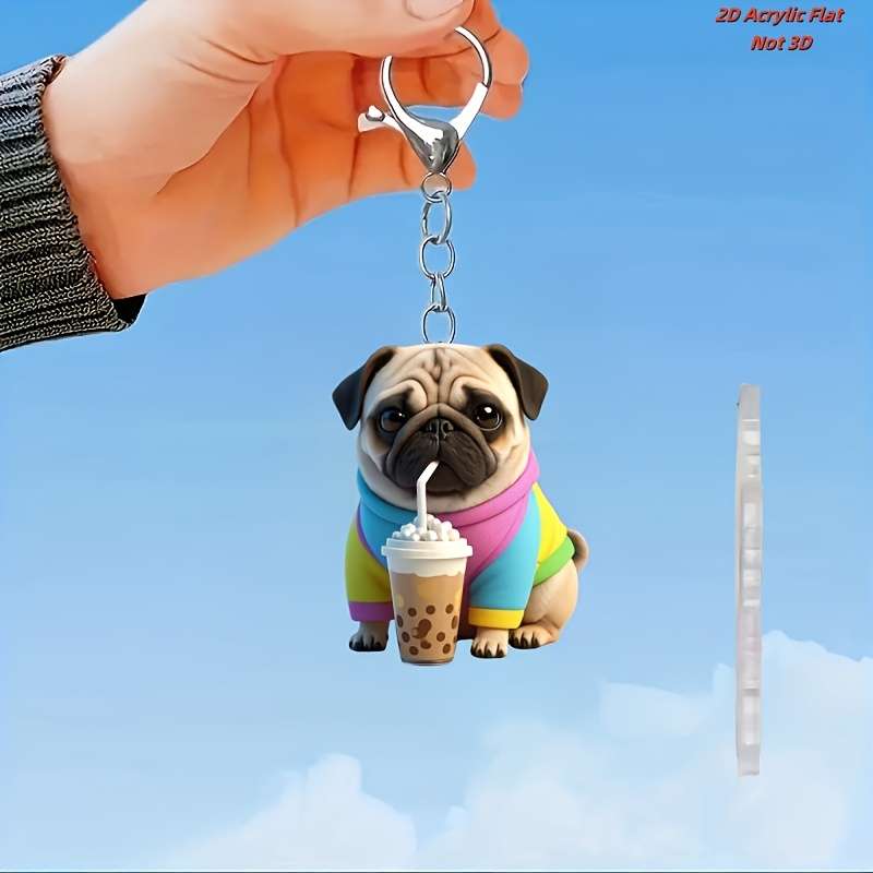1pc 2D Flat  Acrylic Pug Keychain with Boba Tea Dual-Sided Cartoon Dog Charm 5cm 1.94 Inches I