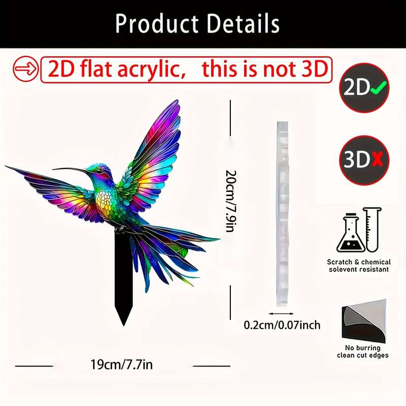 1pc 2D Flat  Acrylic Hummingbird Garden Decoration Vibrant Rainbow Feathers Classic Style No Bat