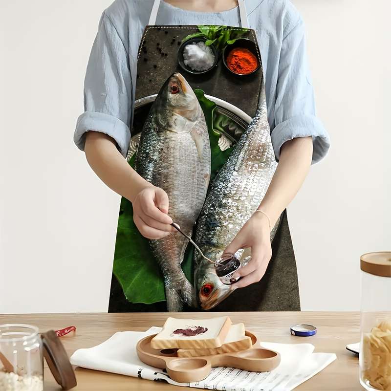 1pc Linen Chef Apron with Fish Design Durable Woven Kitchen Apron for Cooking and Gardening E