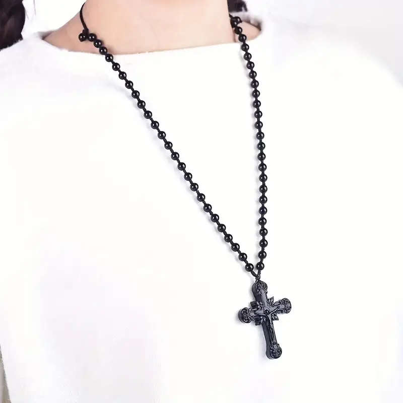 Unisex Obsidian Cross Pendant Necklace