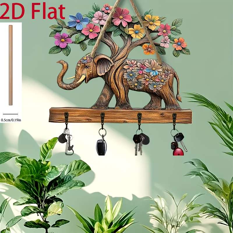 2D Flat 1pc Floral Elephant Simple Colorful Wooden and Home Key Hanger with Four Metal Hooks 2D Fl