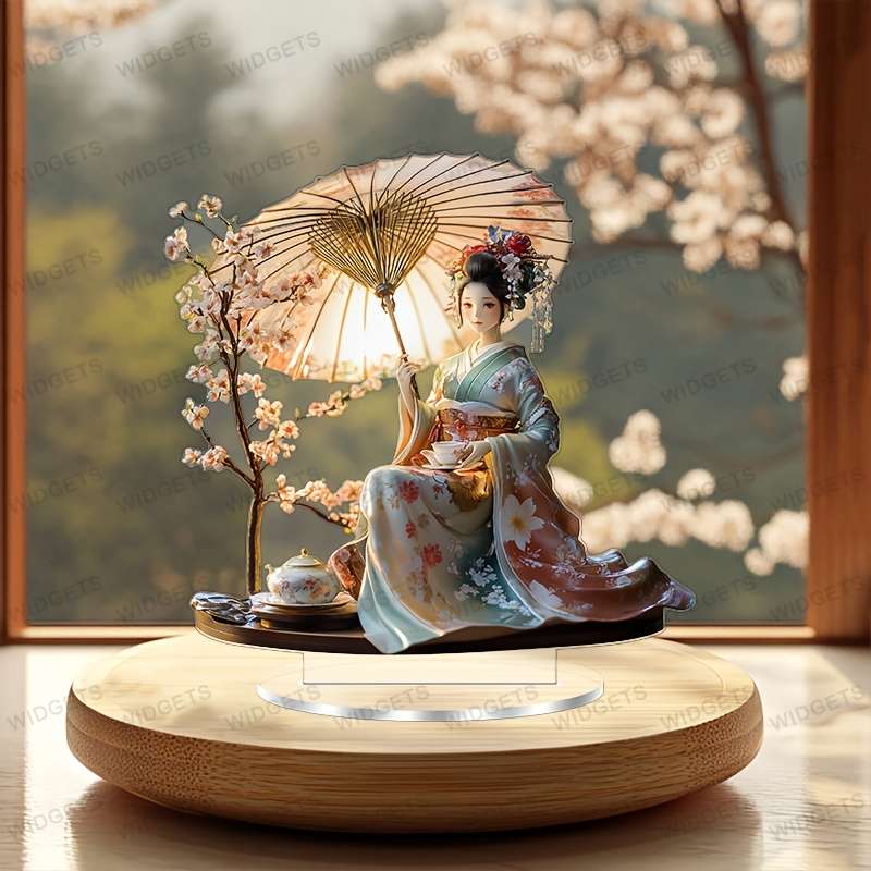 1pc 2D Flat  Elegant Geisha and Cherry Blossom Acrylic Decor with Stand 19.99cm x 19.99cm Vintage
