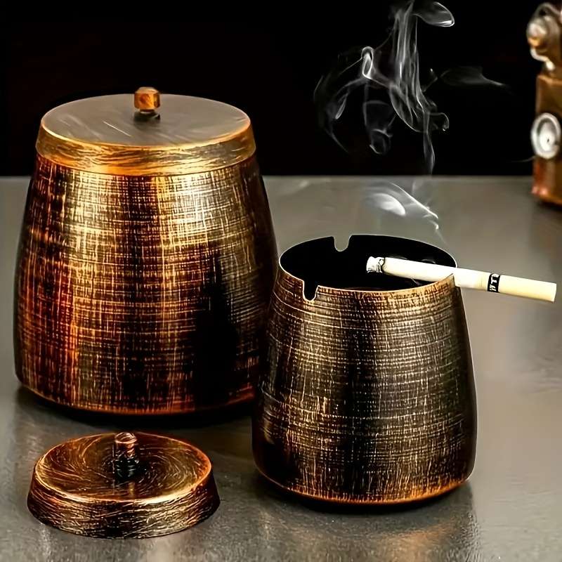 1pc Large Outdoor Windproof Stainless Steel Cigar Ashtray with Lid Dual Compartment Design fo