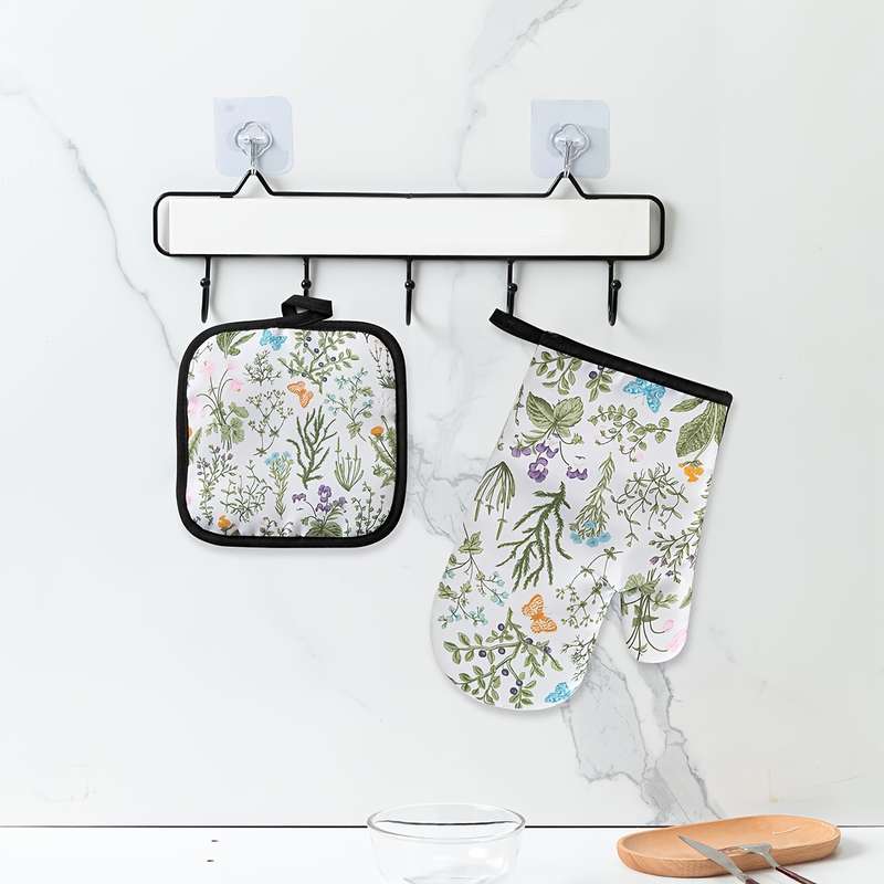 2pcs Daily Kitchen Baking Cooking Anti-Scalding Gloves Heatproof Pads Pot Mat Set Floral Pattern