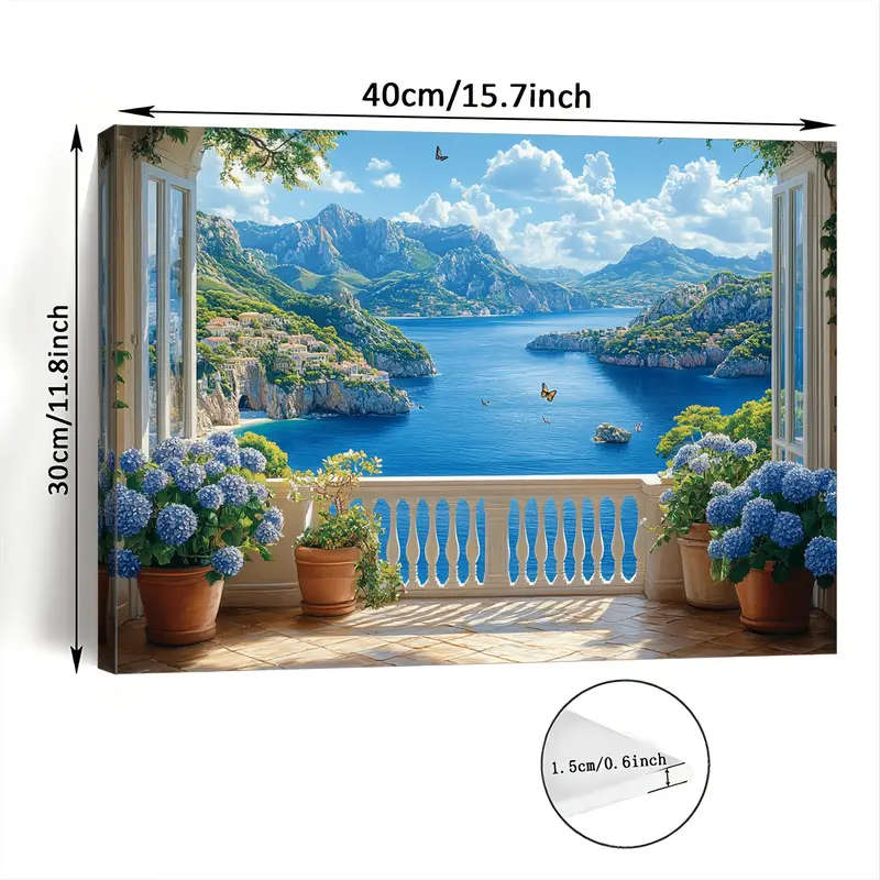 1pc Coastal Balcony Seascape Canvas Wall Art Woven Wooden Framed Print 29.97x39.88 cm Ideal for Livi