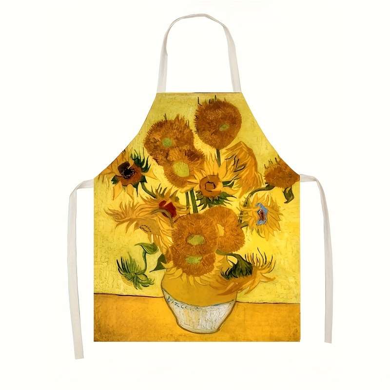 1pc Sunflower Pattern Linen Apron 100% Linen Woven Fabric 150 gsm Weight Creative Kitchen Co