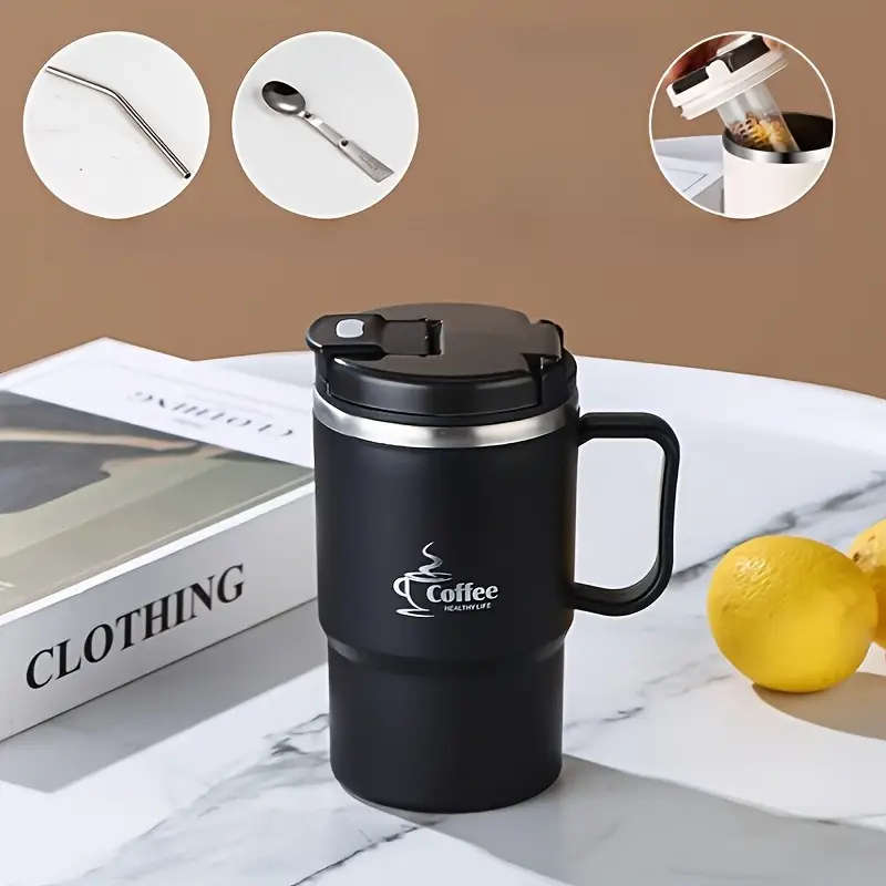 Stainless Steel Insulated Coffee Cup With Lid And Spoon Black