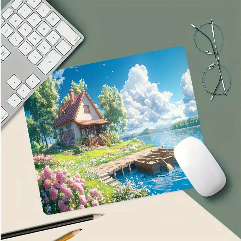 1pc 21x26cm Pastoral Lake Cottage Scenery Mouse Pad Rubber Non-Slip Washable Mouse Pad