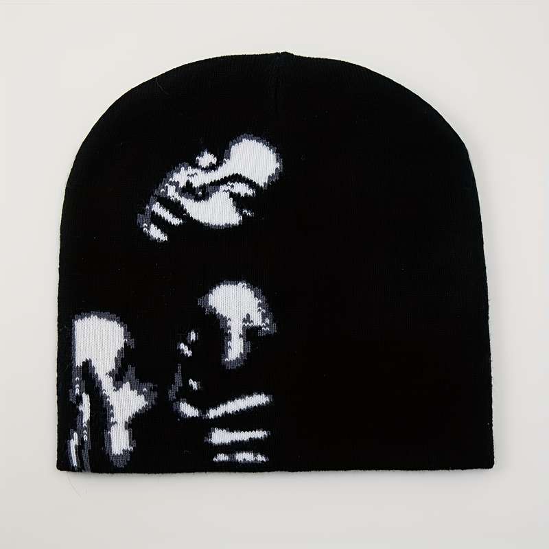 1pc Chic Skull Beanie Black White Jacquard Stretchy Elastic Knit for Women Perfect Casual We