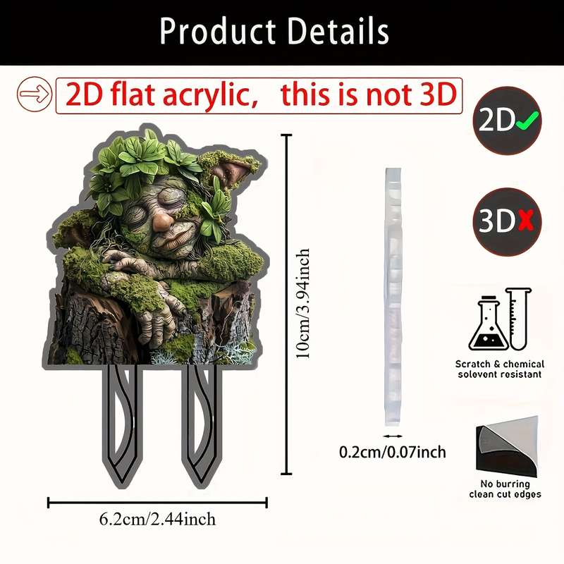 1pc 2D Flat   Acrylic Garden Stake Decoration Whimsical Tree Face Design with Mossy Bark Foli