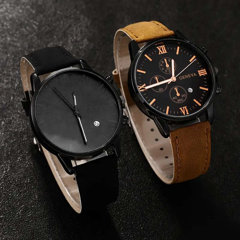 2-Piece Luxury Men's Leather Strap Quartz Watch Set with Calendar  Perfect Gift