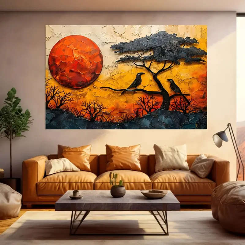 1pc Frameless Modern Abstract African Tree Bird Canvas Wall Art Warm Tones Sunset Scenery Decorative