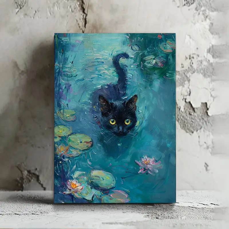 1pc Charming Black Cat in the Pond Canvas Art Wooden Framed Wall Decor for Living Room Bedroom Offic