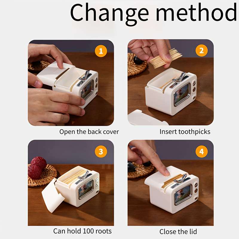 1-Pack Retro TV Design Automatic Pop-Up Toothpick Dispenser Push-Type Portable Plastic Holder