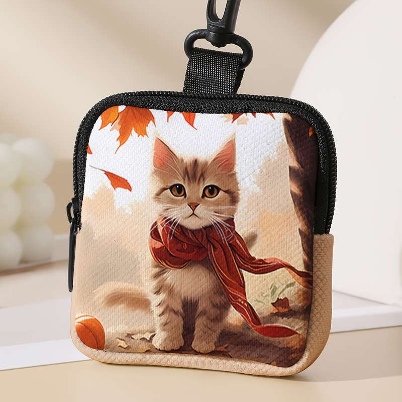 1pc Chic Maple Leaf Kitten Print Coin Purse Spacious Zippered Wallet with Key Holder Ideal Gif