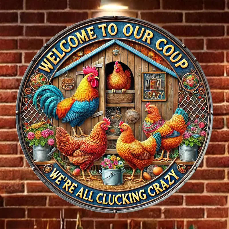1pc 2D Flat Printed Metal Sign Welcome to Our Chicken Coop Outdoor Chicken Theme with Farm Animal Po