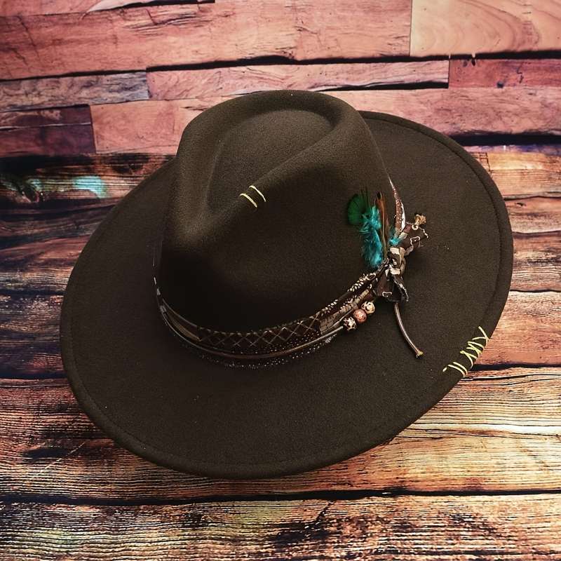 1pc Unisex Bohemian Fedora Hat With Bow And Faux Feather Accents British Style Felt Hat For Autumn