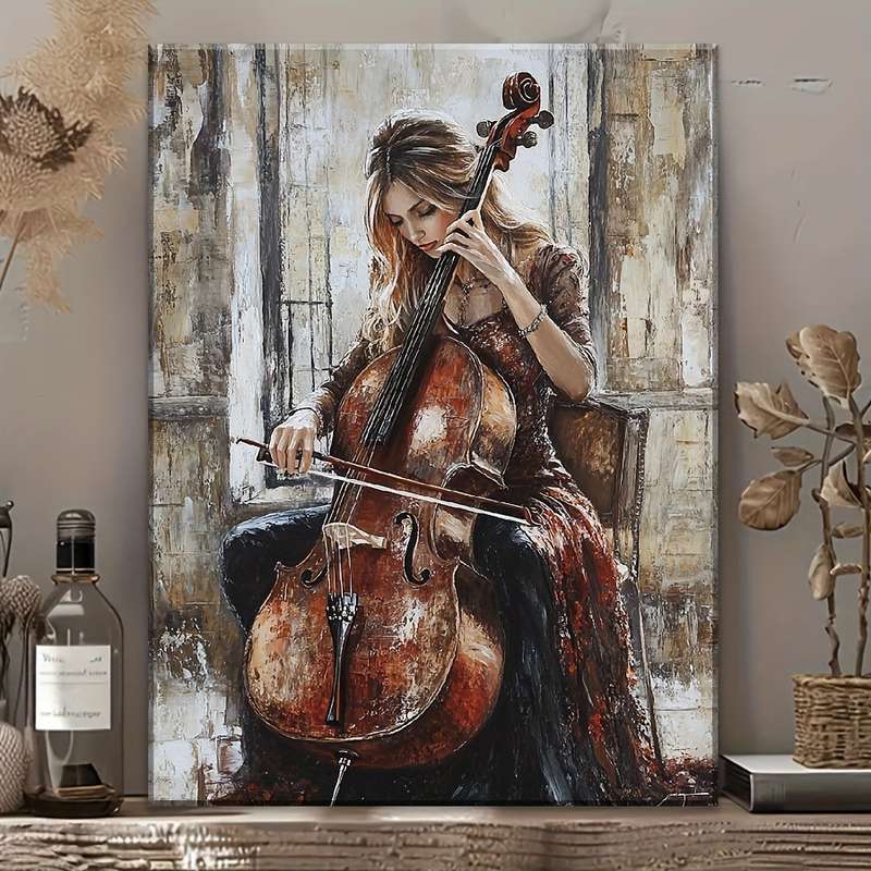 1pc Elegant Cellist Canvas Art Contemporary Fashion-Themed Woman Playing Cello High-Definition