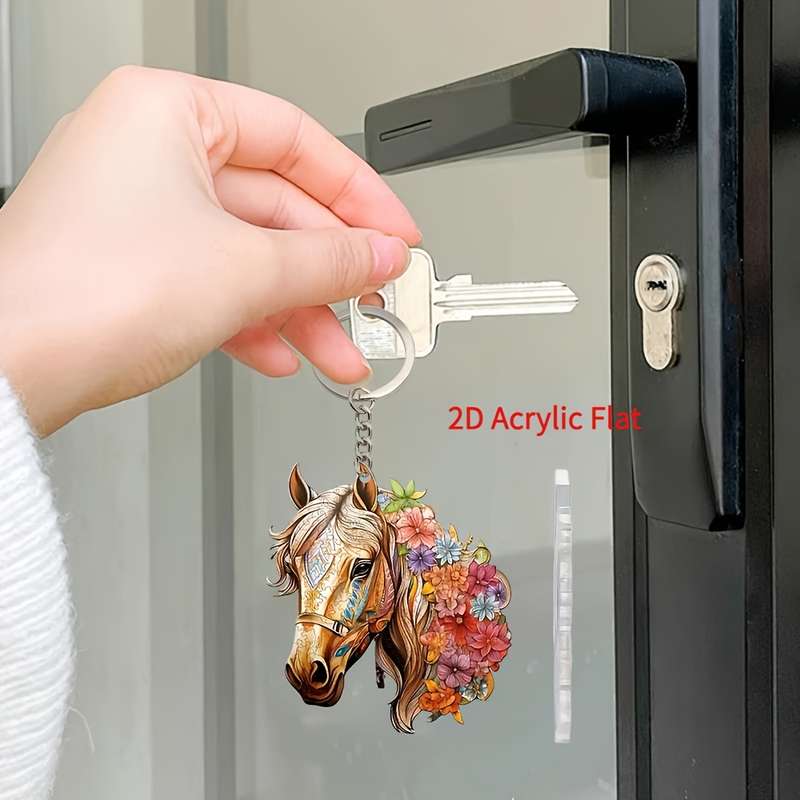 1pc 2D Flat  Acrylic Horse Keychain with Vibrant Floral Design Durable Fashion Backpack Pendant Ch