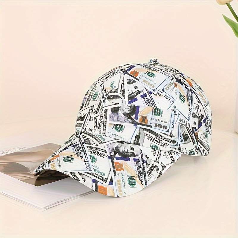 1pc Funky Money Print Baseball Cap 100% Polyester Lightweight Adjustable Hip-Hop Hat Unisex for Mus