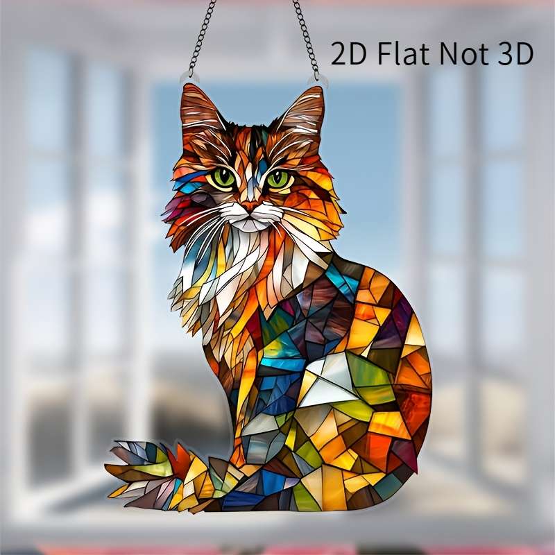 1pc 2D Flat   Acrylic Colorful Long-Haired Cat Sun Catcher 6.2x8 Inches Vibrant Mosaic Wall Ar