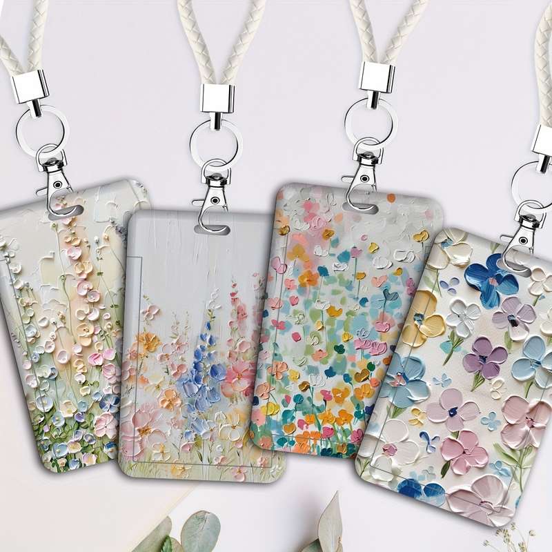 1pc JIT Floral Badge Holder with Lanyard Dual Card Slot Transparent Plastic Protective Insert Sh